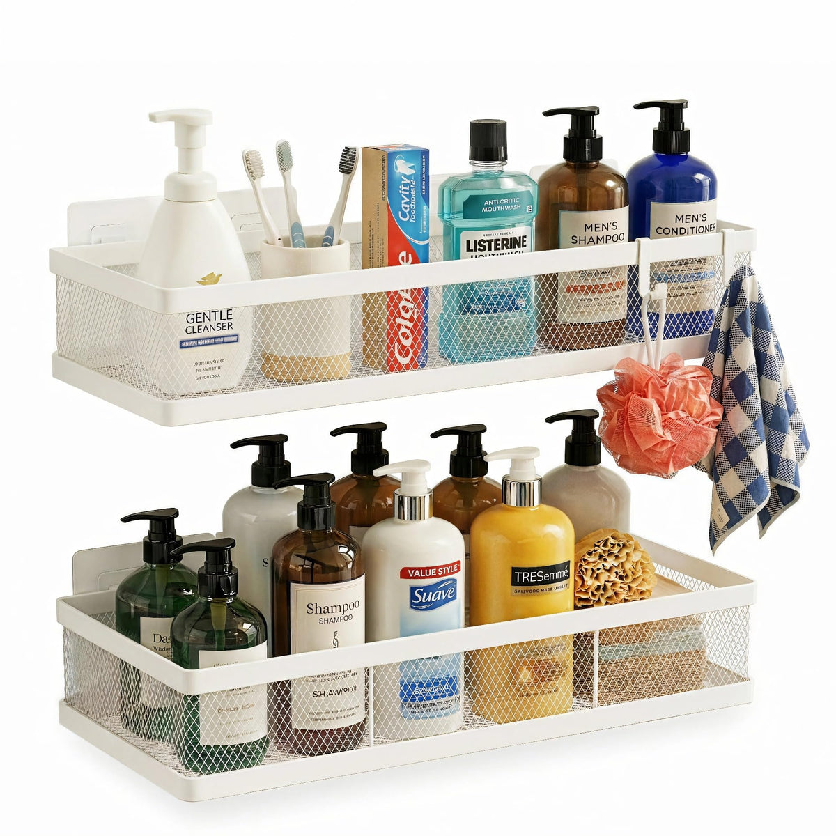 PUSDON Mesh Shower Caddy Wall Mount, Heavy Duty Adhesive Bathroom Shelf Organizer, Rustproof Floating Spice Rack for Kitchen Pantry, Holds 50 LBS, Multi-Purpose Storage Black-2 Packs (Netting)