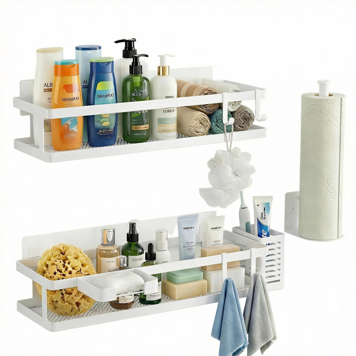 PUSDON Mesh Shower Caddy Wall Mount, Heavy Duty Adhesive Bathroom Shelf Organizer, Rustproof Floating Spice Rack for Kitchen Pantry, Holds 50 LBS, Multi-Purpose Storage Black-2 Packs (Netting)