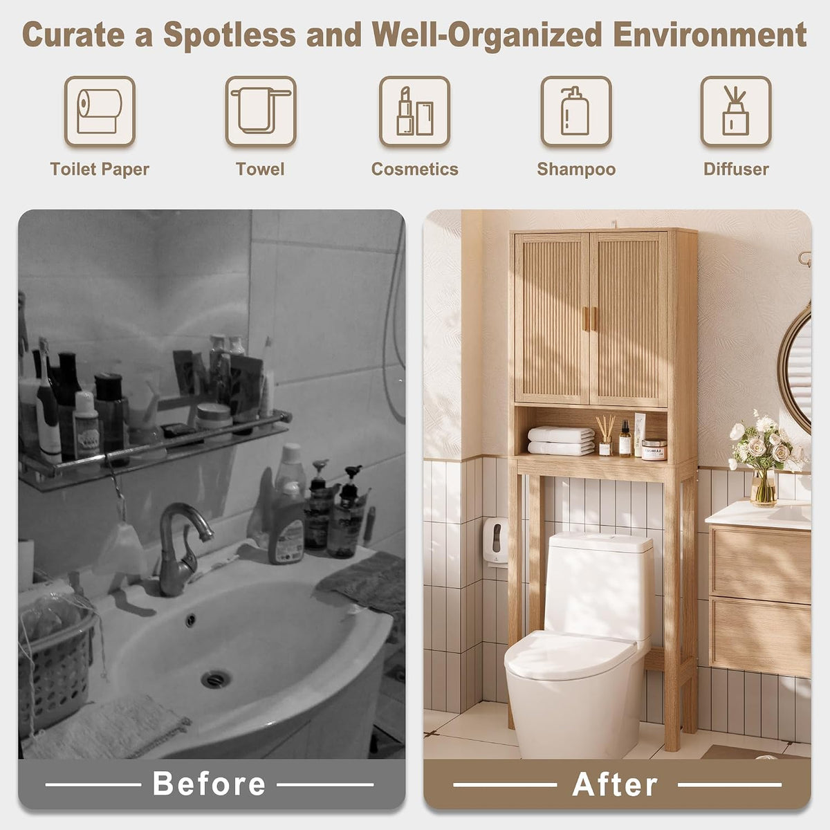 Over the Toilet Storage Cabinet, Bathroom Storage Cabinet with Fluted Doors and Adjustable Shelf, Tall Freestanding Over Toilet Bathroom Organizer with Anti-Tip Kit for Bathrooms Laundry, Boho Style
