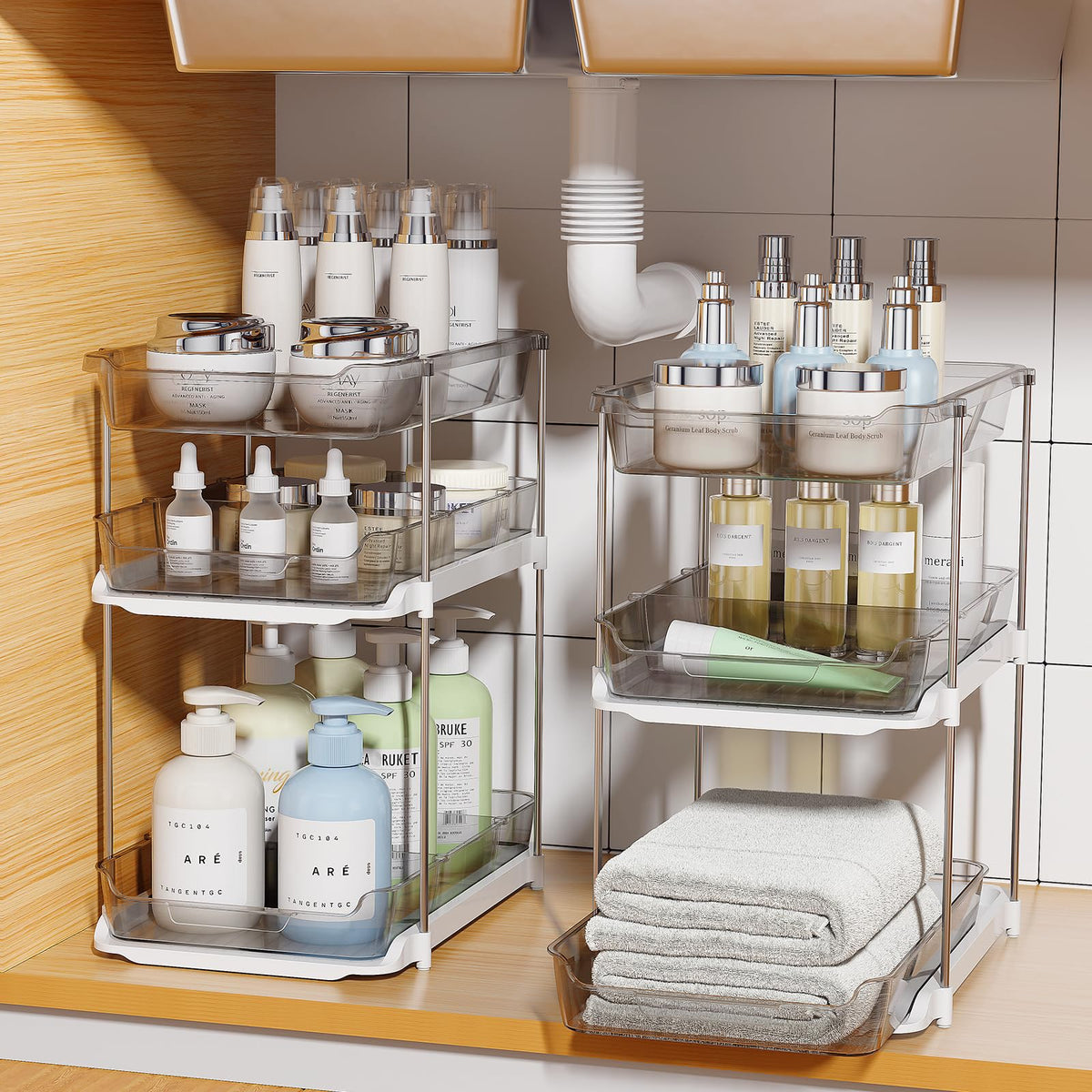 Delamu 2 Sets of 3-Tier Bathroom Under Sink Organizers and Storage, Multi-Purpose Stackable Pantry Organization and Storage, Pull Out Clear Kitchen Bathroom Cabinet Organizer with Movable Dividers