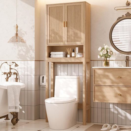 Over the Toilet Storage Cabinet, Bathroom Storage Cabinet with Fluted Doors and Adjustable Shelf, Tall Freestanding Over Toilet Bathroom Organizer with Anti-Tip Kit for Bathrooms Laundry, Boho Style