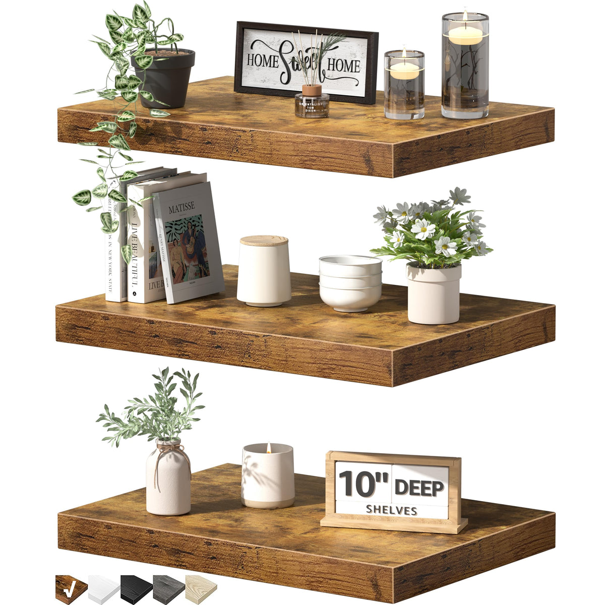 QEEIG Floating Shelves for Wall Small Shelf (Brown, Set of 3, 15.7" x 6.7")