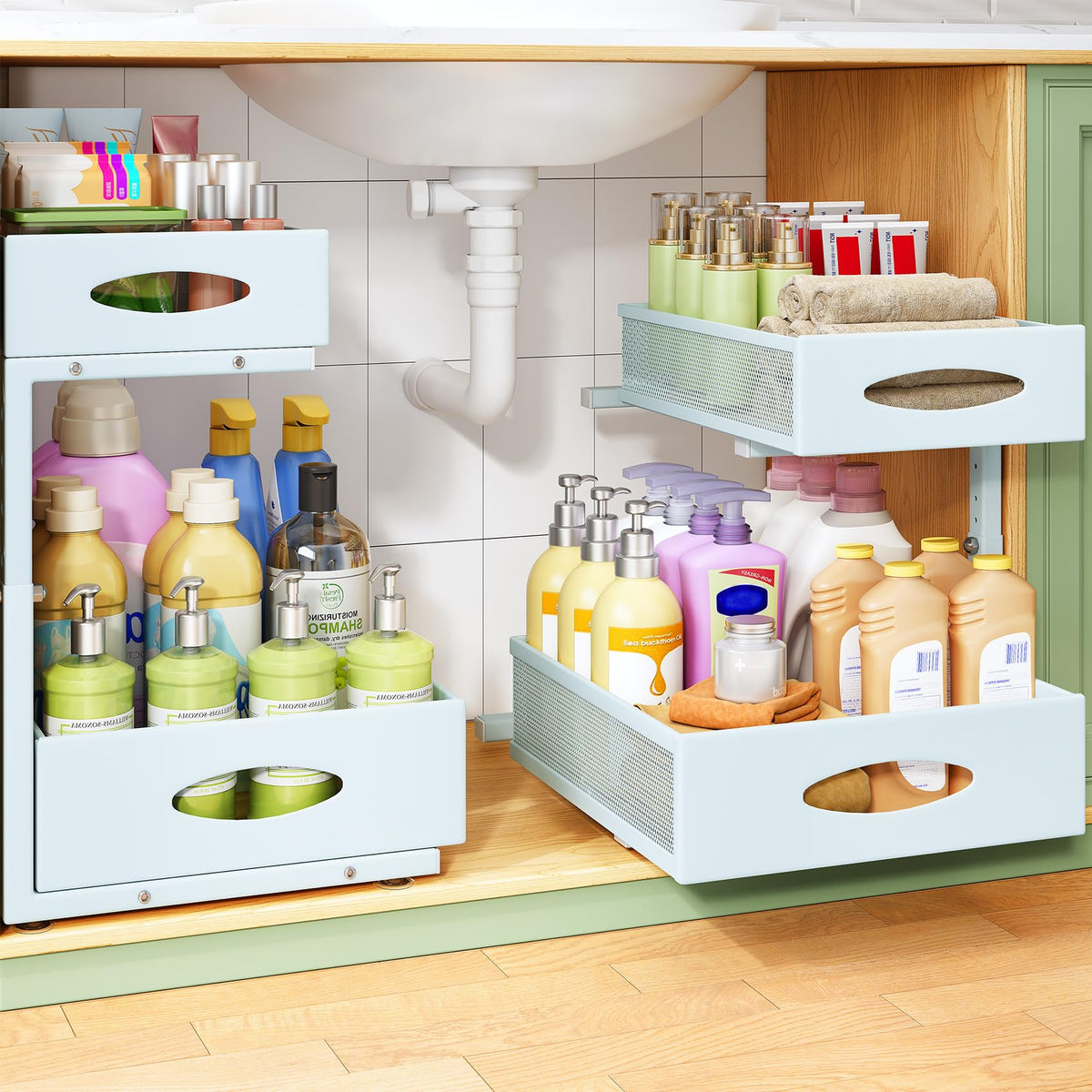 Under Sink Organizer, 2-Pack Pull Out Cabinet Organizer 2 Tier Metal Slide Out Storage Shelf Rack, L-Shaped Adjustable Height,Mesh Sliding Drawer for Kitchen, Bathroom, Laundry, Pantry, White, XL