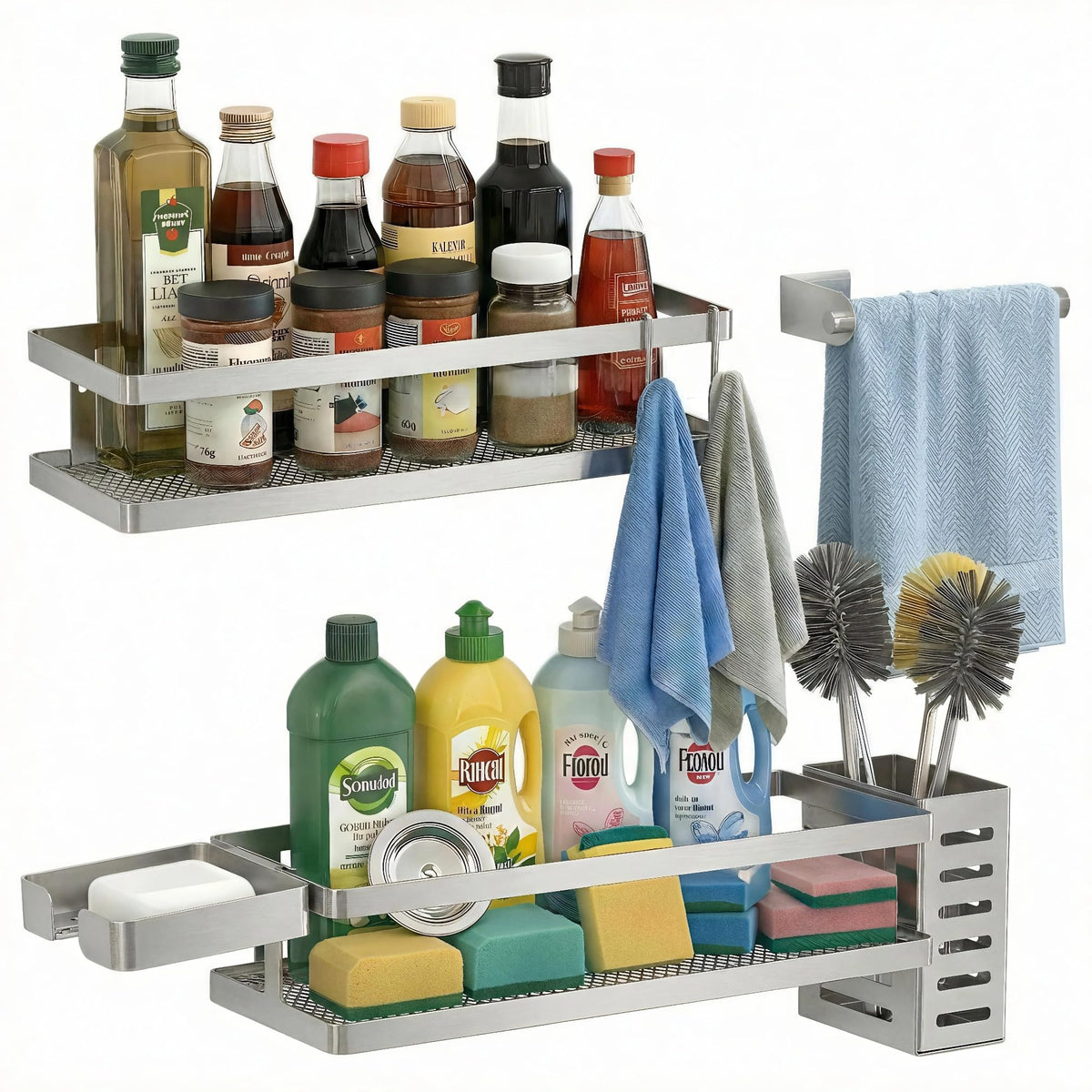 PUSDON Mesh Shower Caddy Wall Mount, Heavy Duty Adhesive Bathroom Shelf Organizer, Rustproof Floating Spice Rack for Kitchen Pantry, Holds 50 LBS, Multi-Purpose Storage Black-2 Packs (Netting)