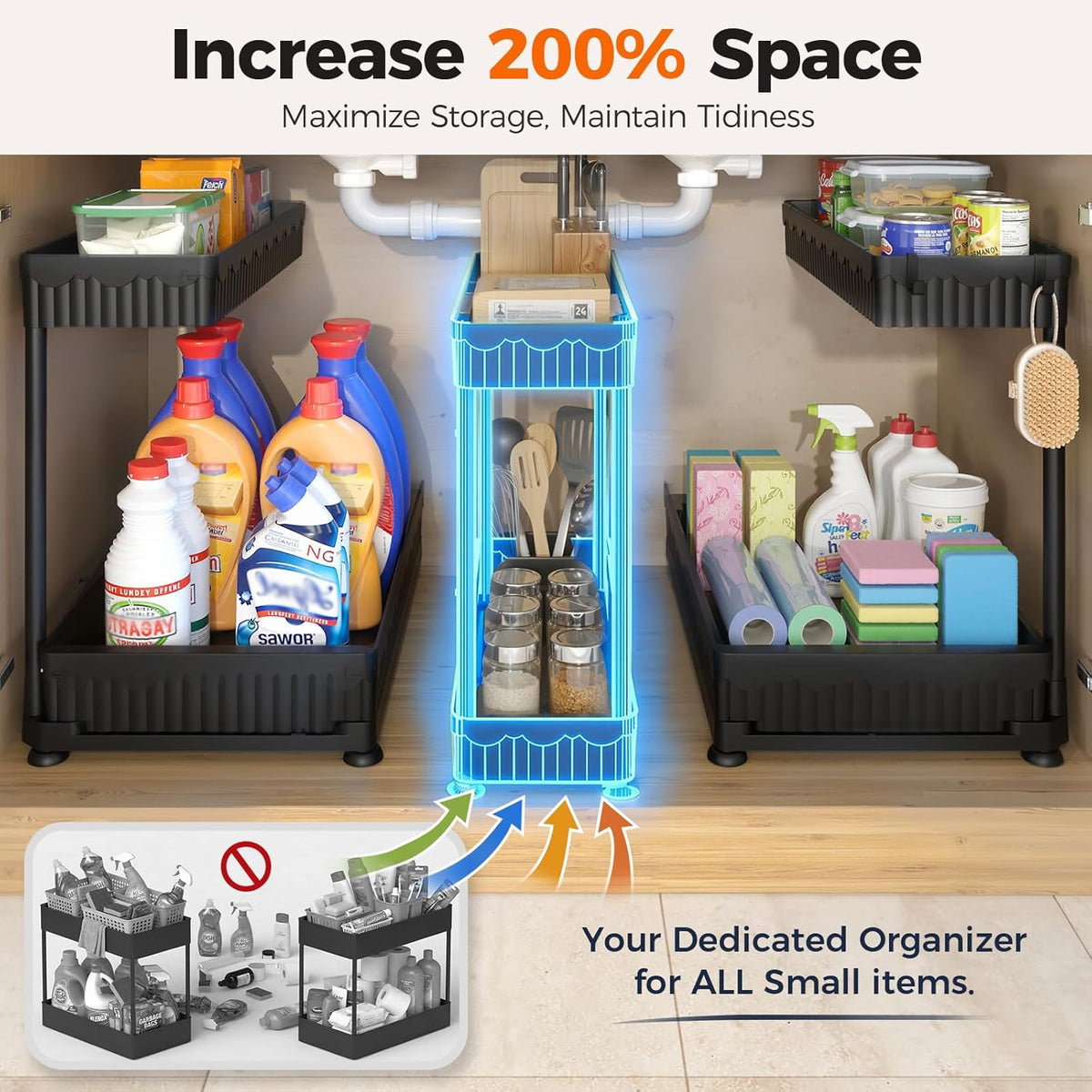 Sevenblue 3-Pack 2-Tier L-Shaped Under Sink Organizers with Sliding Drawers