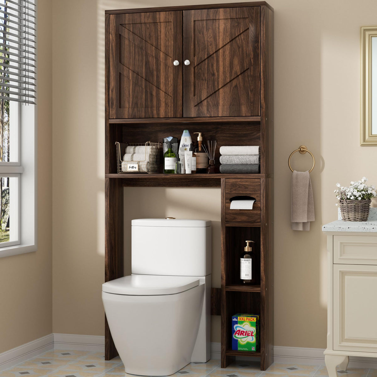 Shintenchi Over the Toilet Storage Cabinet, Bathroom Storage Cabient with Barn Doors, Bathroom Storage Shelf Organizer with Toilet Paper Holder, Adjustable Shelf and Anti-Tip Device, White