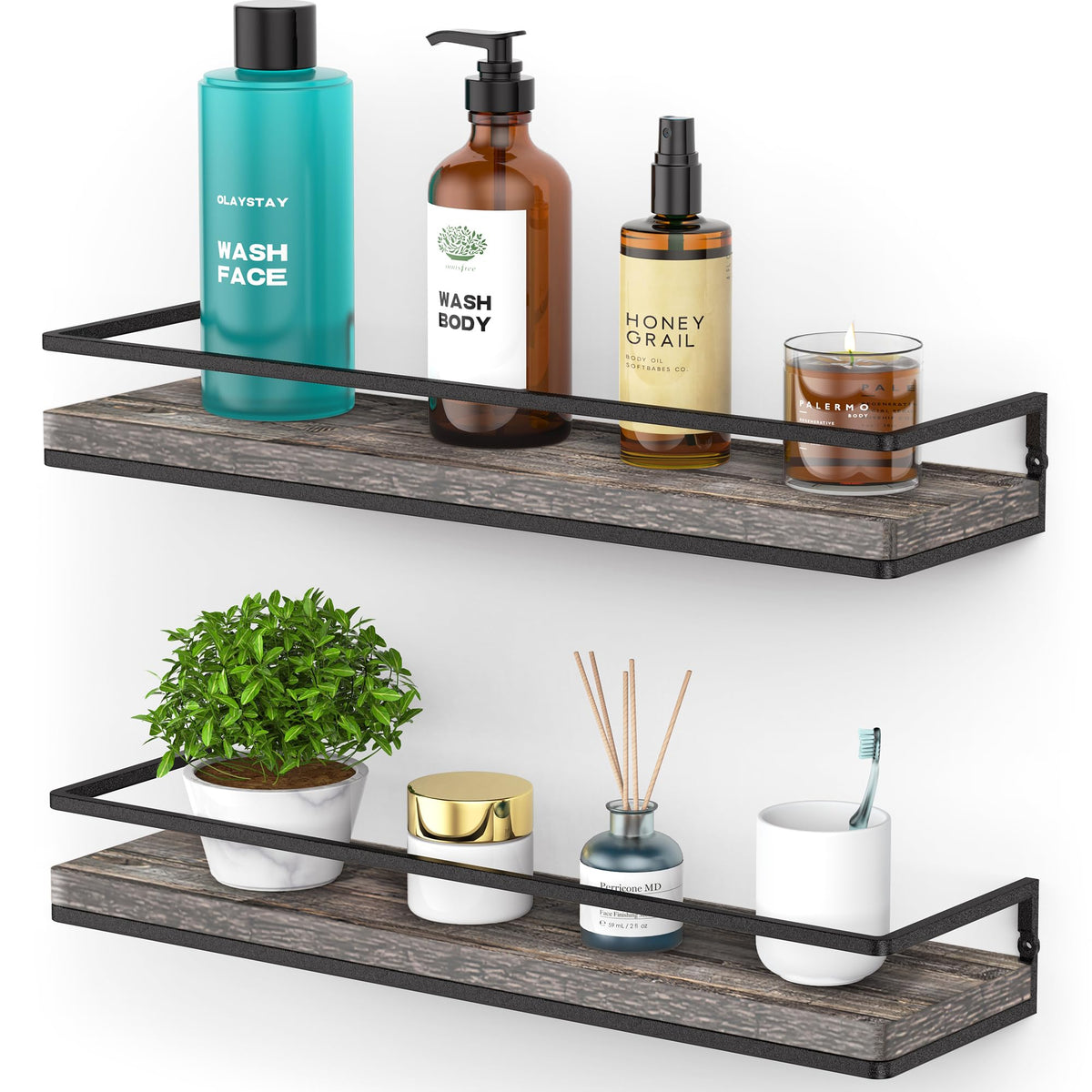 Meangood Floating Shelves Wall Mounted Set of 2, Rustic Wood Wall Storage Shelves for Bedroom,Living Room,Bathroom, Kitchen Torched Wood