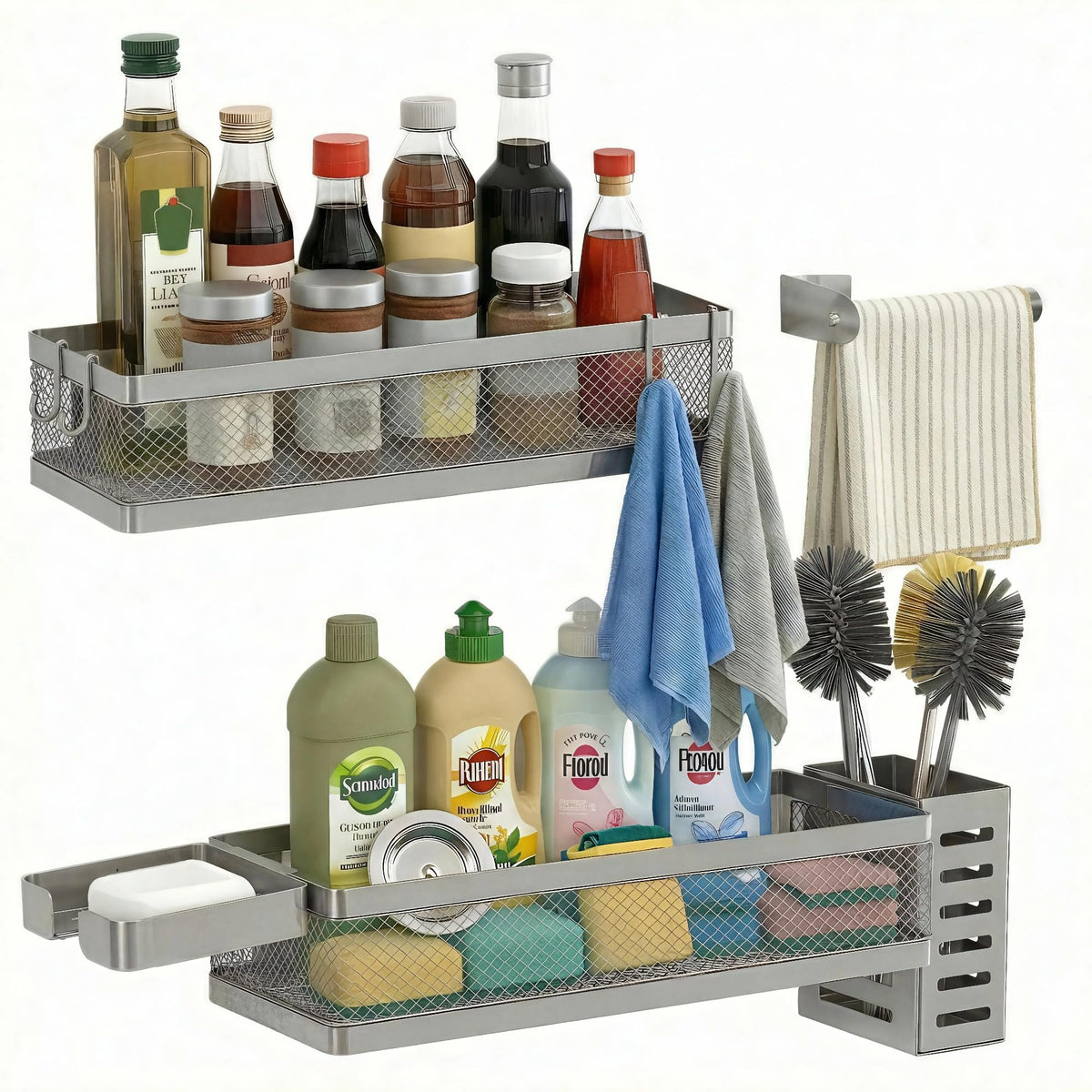 PUSDON Mesh Shower Caddy Wall Mount, Heavy Duty Adhesive Bathroom Shelf Organizer, Rustproof Floating Spice Rack for Kitchen Pantry, Holds 50 LBS, Multi-Purpose Storage Black-2 Packs (Netting)