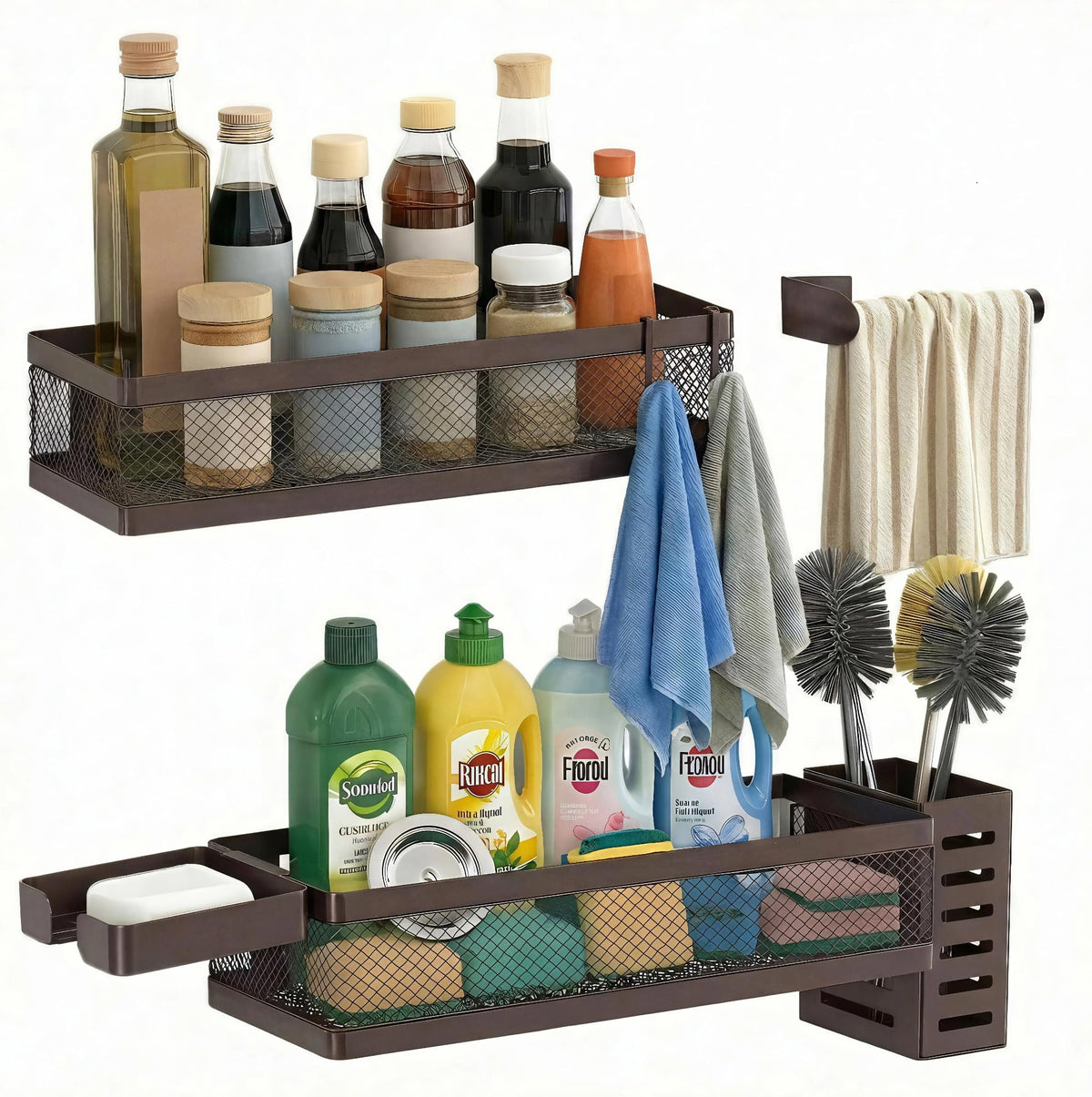 PUSDON Mesh Shower Caddy Wall Mount, Heavy Duty Adhesive Bathroom Shelf Organizer, Rustproof Floating Spice Rack for Kitchen Pantry, Holds 50 LBS, Multi-Purpose Storage Black-2 Packs (Netting)