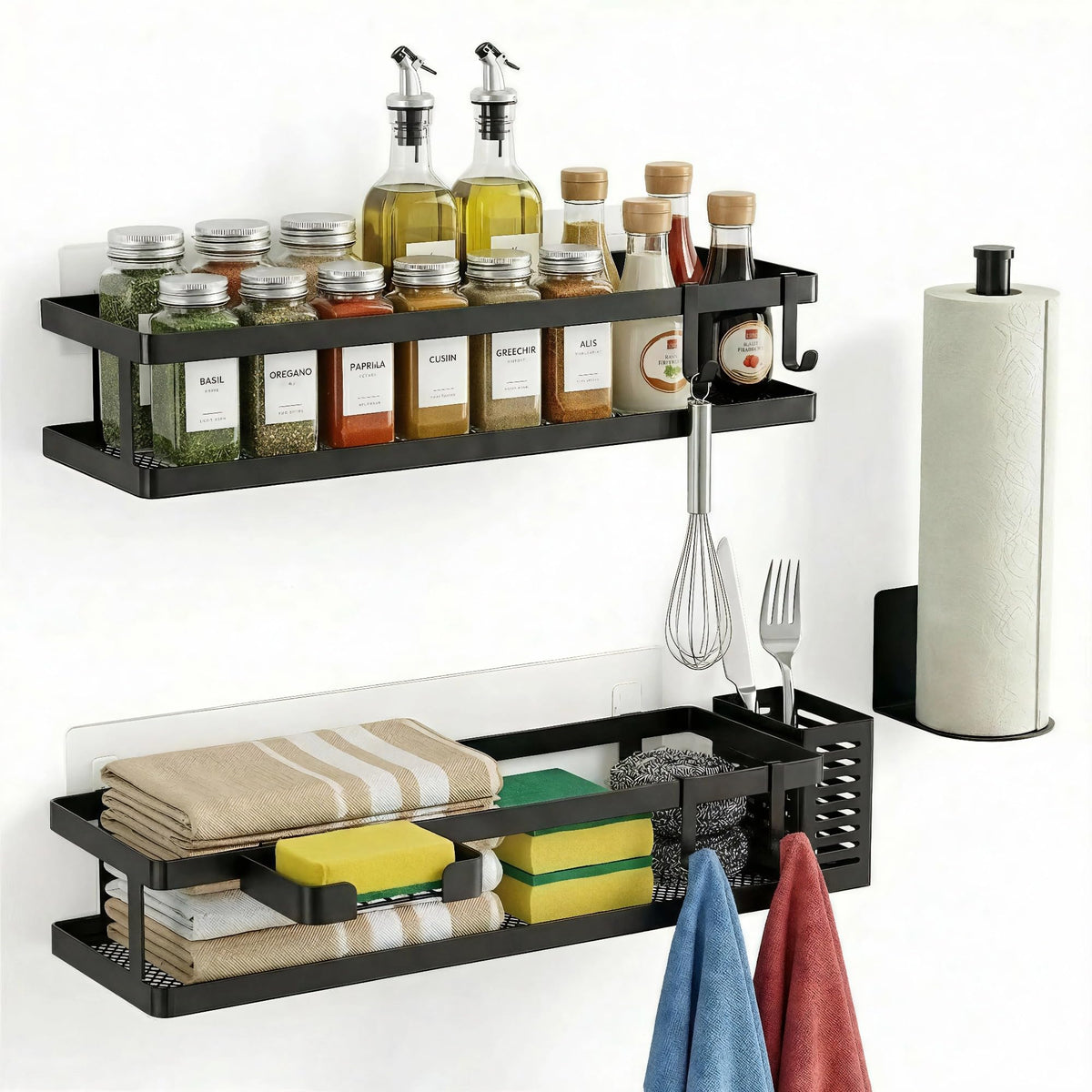 PUSDON Mesh Shower Caddy Wall Mount, Heavy Duty Adhesive Bathroom Shelf Organizer, Rustproof Floating Spice Rack for Kitchen Pantry, Holds 50 LBS, Multi-Purpose Storage Black-2 Packs (Netting)