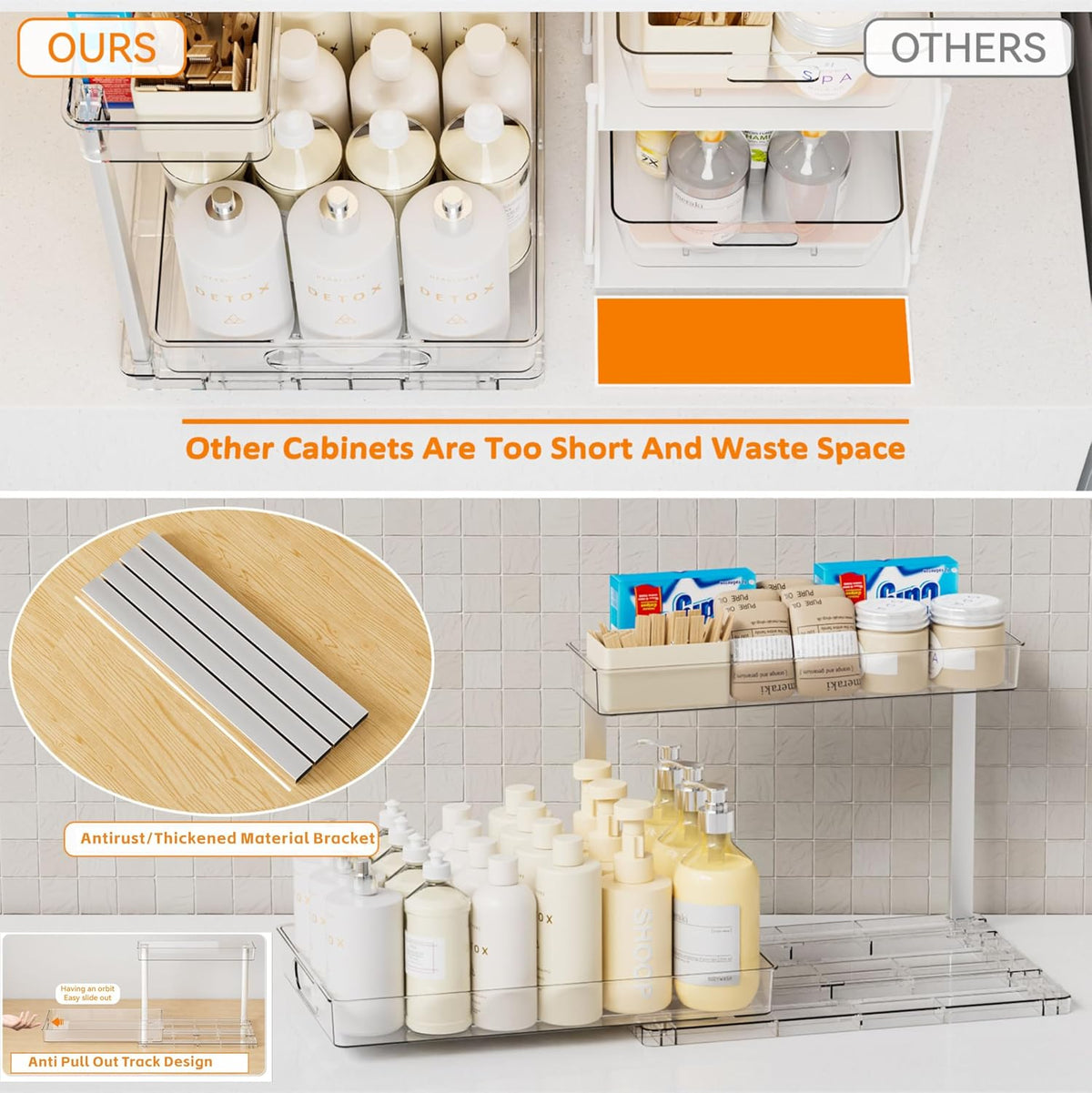 Yieach 2 Pack 14.6″ Deep Pull Out Under Sink Organizer,10.8″ High 2 Tier Slide Out Cabinet Organizer for Kitchen Cabinet,Undersink Organizers,Under Sink Shelves,Bathroom Organizers and Storage,Clear