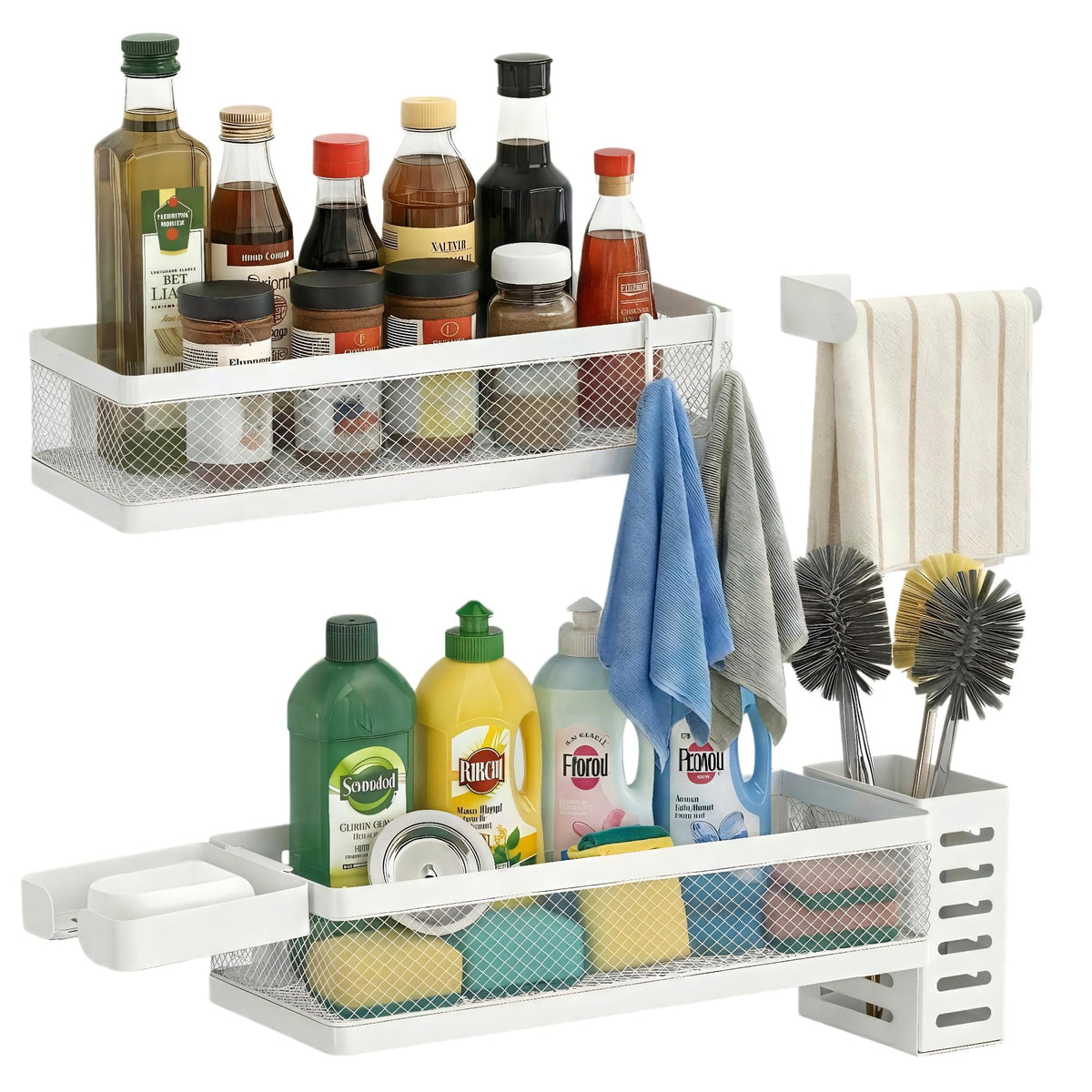 PUSDON Mesh Shower Caddy Wall Mount, Heavy Duty Adhesive Bathroom Shelf Organizer, Rustproof Floating Spice Rack for Kitchen Pantry, Holds 50 LBS, Multi-Purpose Storage Black-2 Packs (Netting)