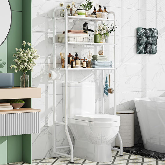 Simple Trending Over The Toilet Storage Rack, Metal 3 Tier Bathroom Organizer Shelf with Paper Holder and 3 Hooks, Freestanding Shelf Space Saver Above Toilet, White