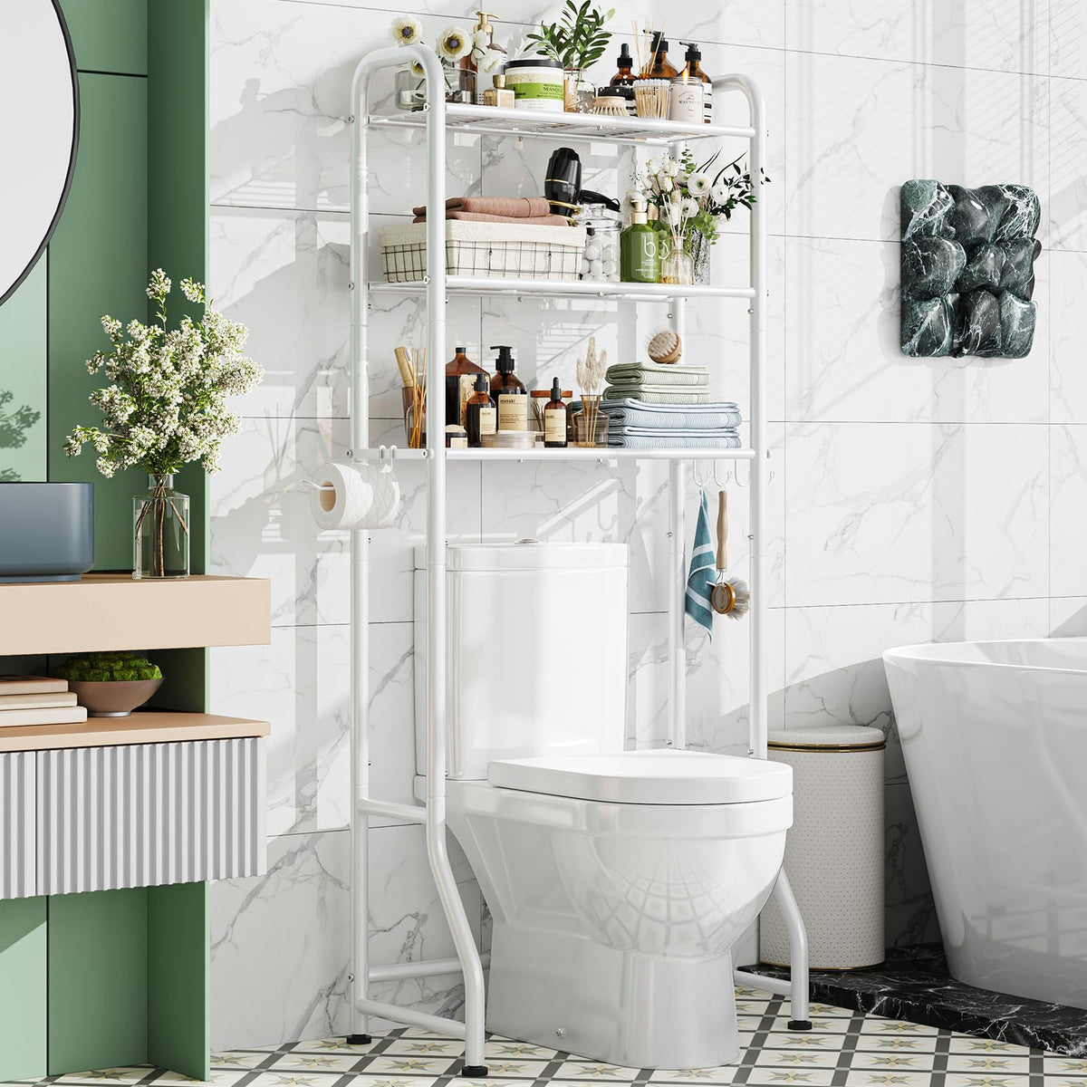 Simple Trending Over The Toilet Storage Rack, Metal 3 Tier Bathroom Organizer Shelf with Paper Holder and 3 Hooks, Freestanding Shelf Space Saver Above Toilet, White