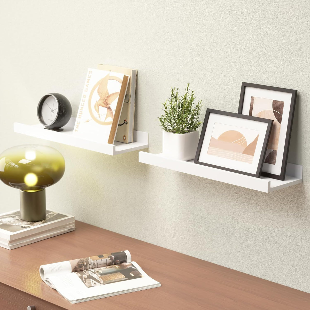 Boswillon Floating Shelves Set of 2, Small Wall Shelf with Lip, 16in, White