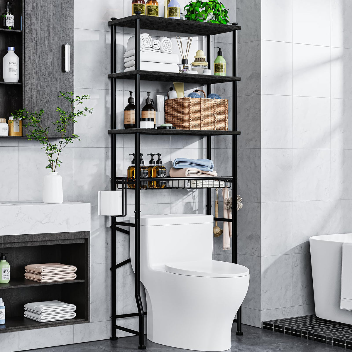 Over-The-Toilet Storage Shelf,4-Tier Bathroom Organizer Cabinet Rack And Storage Over Toilet With Shelf Waterproof Feet Pad And Basket,Multifunctional Space Saver Freestanding Bathroom Shelves（Brown）