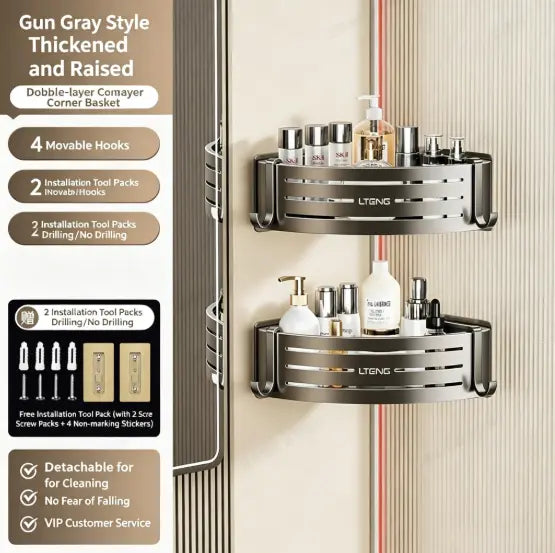 2-Pack No-Drill Bathroom Corner Caddy Shelf, Wall-Mounted Triangle Shower Organizer with Movable Hooks, Rust-Resistant Gunmetal Gray Aluminum Storage Rack for Shower & Bathroom
