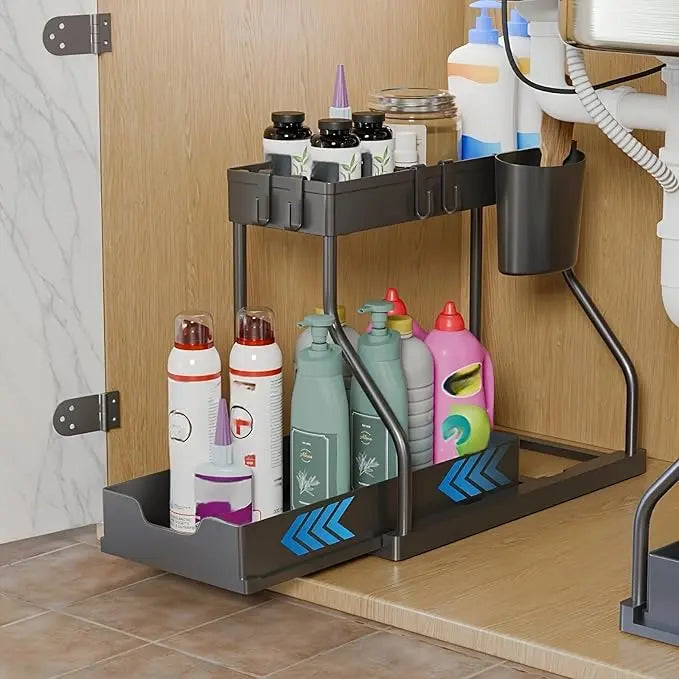 2-Tier Under-Sink Pull-Out Storage Organizer, Sliding Cabinet Shelf with Hanging Cup Holder, Space-Saving Rack for Kitchen, Bathroom