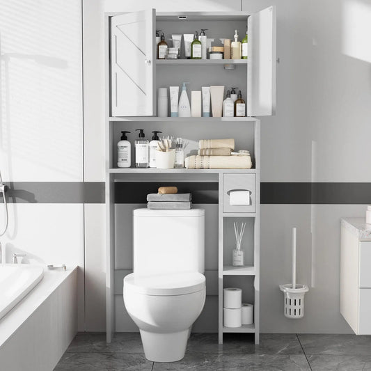 Walsunny Over The Toilet Storage Cabinet, Bathroom Farmhouse Storage Cabinet with Adjustable Shelf, 2-Door Toilet Storage Rack with Toilet Paper Holder, White