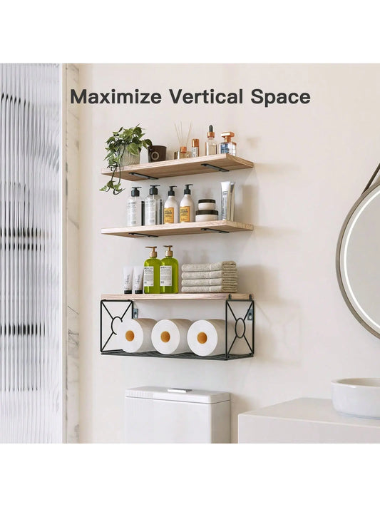 Wooden Wall-Mounted Floating Shelf Set of 3 with Wire Basket, Home Decor Bathroom Organizer Space Saver for Over Toilet, 16.5x6x5.5 In,sohochic