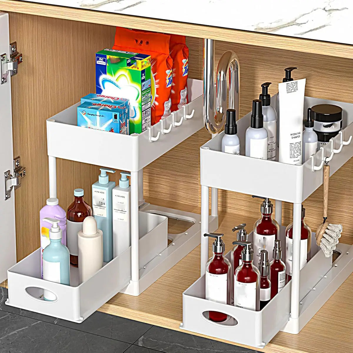 2Pack 2-Tier Under Sink Organizers with Sliding Drawers ,Multi-use Kitchen & Bathroom Storage, Black Cabinet Organizer, Space-saving Sliding Drawer Design