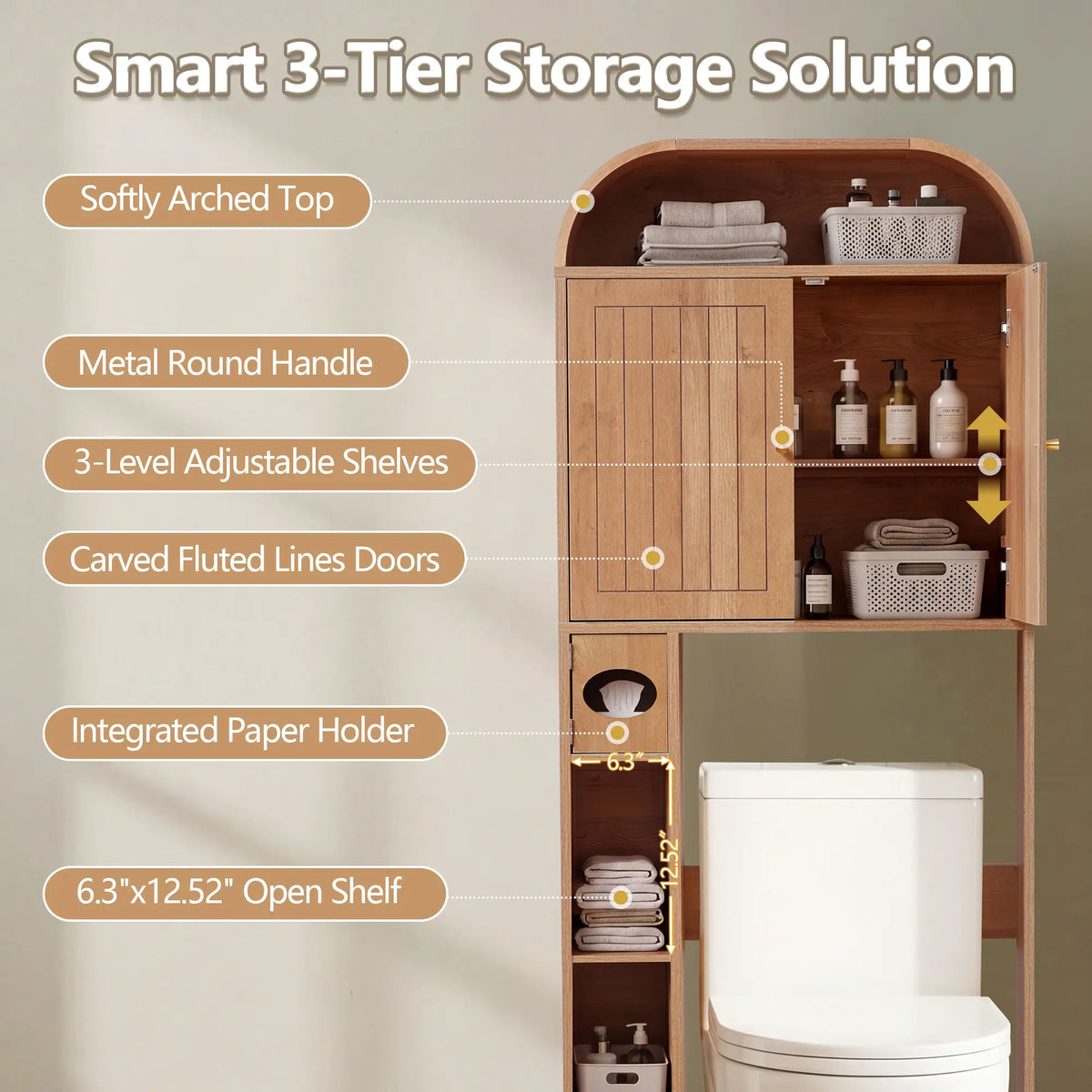 Giratree Arched Over The Toilet Storage Cabinet - 67" Tall Bathroom Above Toilet Organizer with Vertical Grooved Doors & Tissue Drawer - Freestanding Space Saver Rack, Anti-Toppling