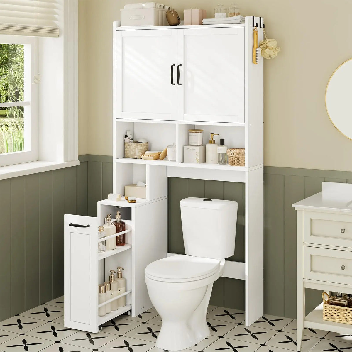 Over The Toilet Storage Cabinet with Pulley Bathroom Storage Cabinet, Space Saver W/Adjustable Shelf & Open Shelf for Bathroom, Restroom, Laundry (White)