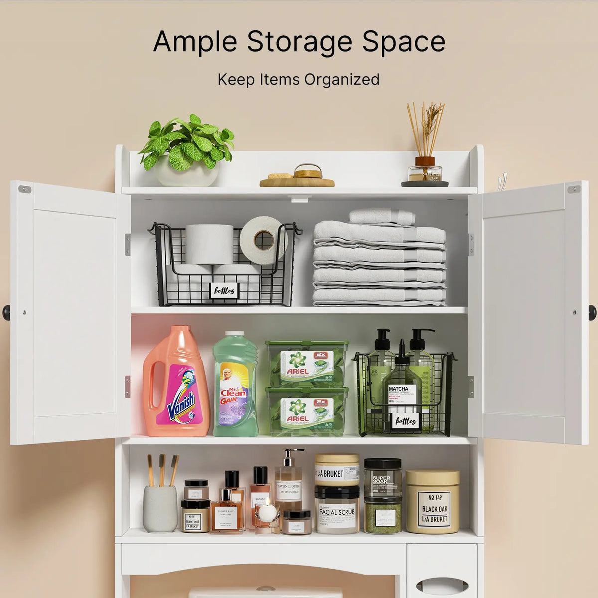 Gizoon Over-The-Toilet Storage Cabinet (32.3" W) - Bathroom Organizer, Small-Bath Fit Cabinet Furniture with Doors, Adjustable Shelves, Dry Tissue Box, 2 Side Hooks, Compact Space-Saving Design, Floor-Space Freeing White Bathroom Upgrade