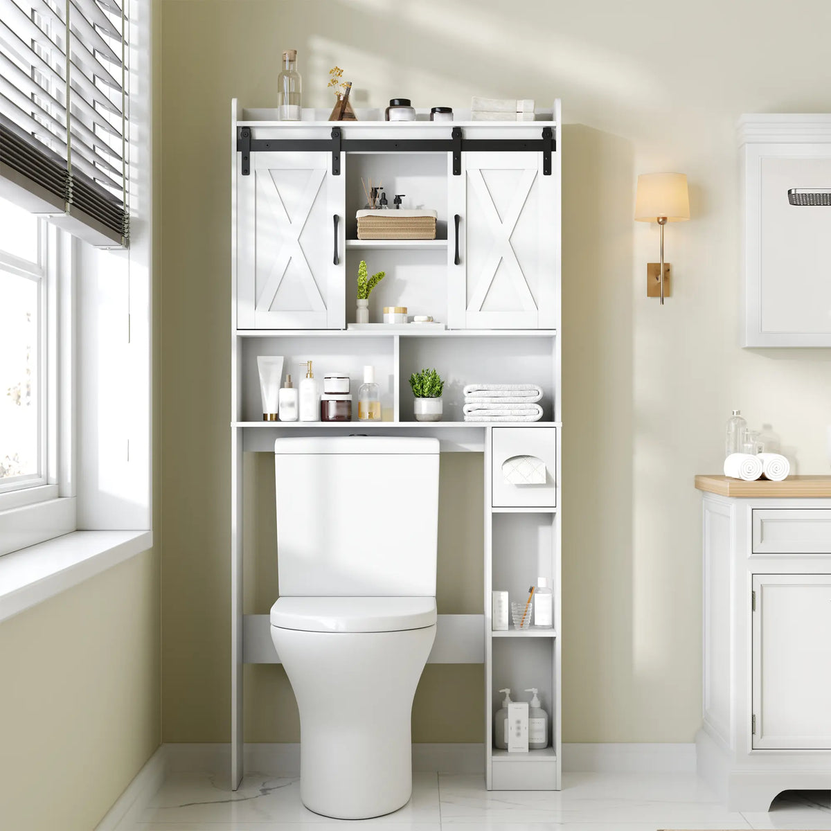 [SohoChic] Vabches Farmhouse Over-The-Toilet Wood Storage Cabinet with Sliding Doors, Adjustable Shelves, Space-Saving Rack for Bathroom Toiletries & Decor
