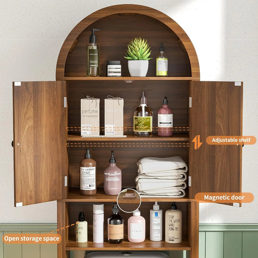 LUVIOHOME 4-Tier Mid-Century Modern Slim Narrow Elegant Arch Over-The-Toilet Cabinet - Fluted Regular Doors, Adjustable Shelf, Wood-Paneled Multi-Compartment Unit, Sturdy Space-Saving Small Space Bathroom Furniture, Home Decor, Bathroom Decor Ideas