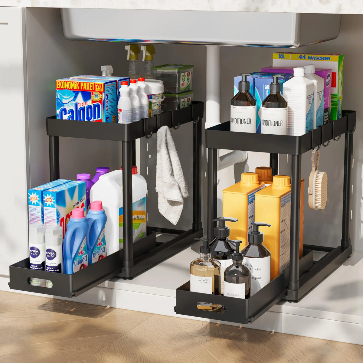 2pcs Black Plastic Rectangle Under Sink Organizer Storage - 2-Layer Sliding Shelves, 8 Hooks, Stable Durable Metal Construction, 15x8x12.8in Anti-Slip, Multi-Use Kitchen Cabinet Spice Rack Accessories