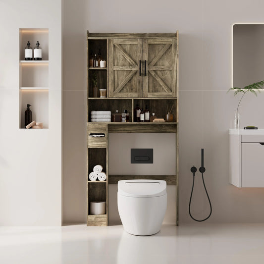 Rustic Wooden Over-the-Toilet Cabinet, Farmhouse Storage Solution with Double Barn Doors, Adjustable Shelves, Side Toilet Paper Storage & Open Shelving, Great for Small Bathrooms