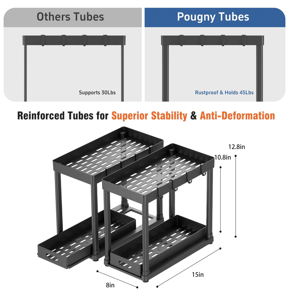 2pcs Black Plastic Rectangle Under Sink Organizer Storage - 2-Layer Sliding Shelves, 8 Hooks, Stable Durable Metal Construction, 15x8x12.8in Anti-Slip, Multi-Use Kitchen Cabinet Spice Rack Accessories