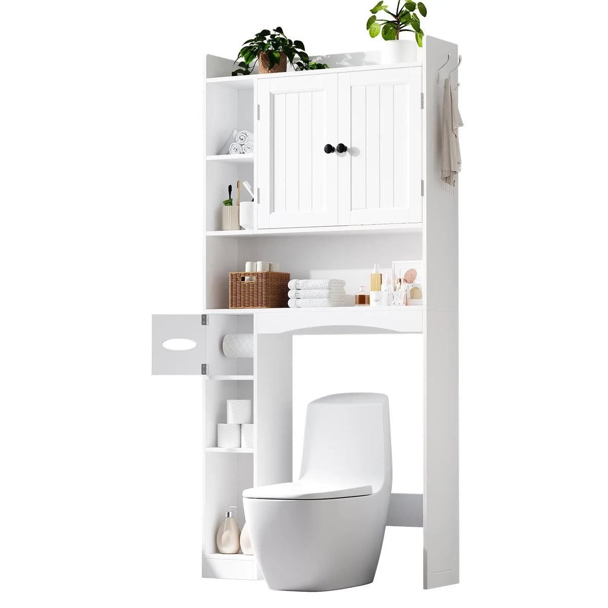 Gizoon 66" Tall Wood Over-The-Toilet Storage Cabinet - Storage Organization, Flexible Configuration Bathroom Furniture with 2 Doors, Adjustable Shelf, 2 Hooks, Paper Towel Holder for Bathroom, Laundry