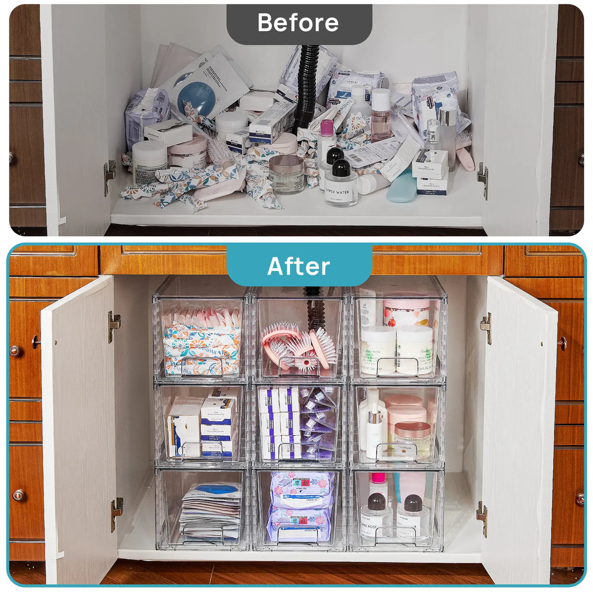 【Restock】Vtopmart 2-8 Pack 12in Undersink Stackable Storage Drawers - Easy-Assemble Organizer Unit, Plastic Box, Bathroom Solution for Vanity Accessories, Apartment Accessories, Kitchen Pantry Use