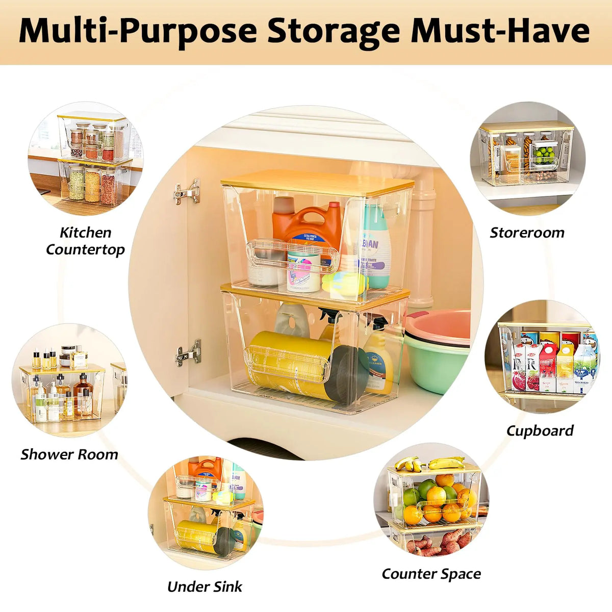 2 Sets Plastic Kitchen Storage Lidded Bins, Multi Use Pantry Organizers with Bamboo Top Under Sink Trash Bag Holder Dispenser for 4 13 Gal Bags, Ideal for Onion Potato Garlic