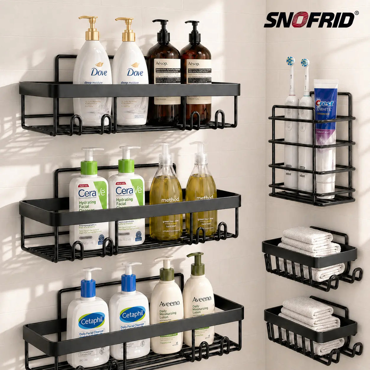 【DealsForYouDays】Snofrid 6-Pack Stainless Steel Bathroom Organizer - Advanced Rustproof Waterproof No-Drilling Adhesive Wall-Mounted Racks for Shower with Soap Dish, Toothbrush Holder, Modern Large-Capacity Shelves | Home Goods, Storage Organization
