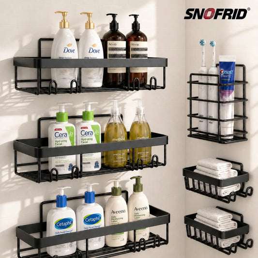 【DealsForYouDays】Snofrid 6-Pack Stainless Steel Bathroom Organizer - Advanced Rustproof Waterproof No-Drilling Adhesive Wall-Mounted Racks for Shower with Soap Dish, Toothbrush Holder, Modern Large-Capacity Shelves | Home Goods, Storage Organization