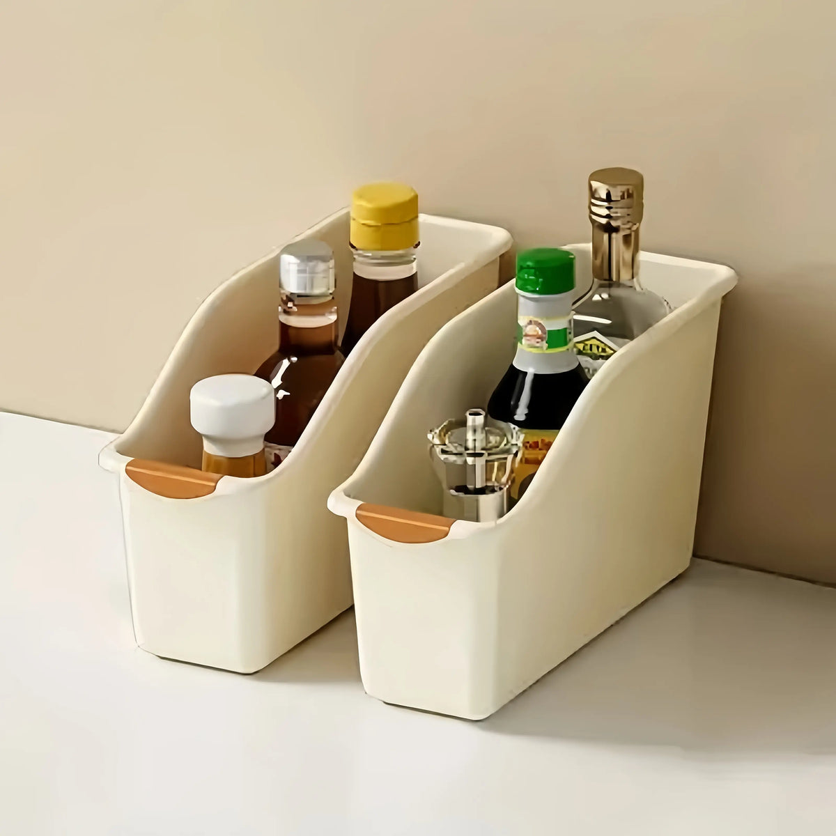 2 arc-shaped storage boxes, heavy-duty plastic organizer, white space-saving container, under-sink food cabinet storage, cleaning supplies, household essentials, kitchen and bathroom storage, no installation required