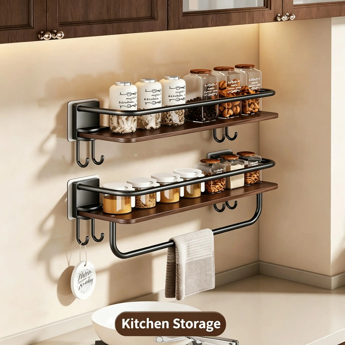 Wall-Mounted Bathroom Shelf, No-Drill Wood Grain Storage Rack, with Hooks for Towels and Toiletries, Space-Saving Organizer