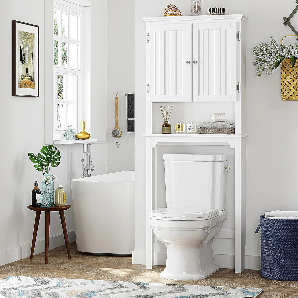 UTEX Over The Toilet Storage Cabinet, White Bathroom Organizer with Doors