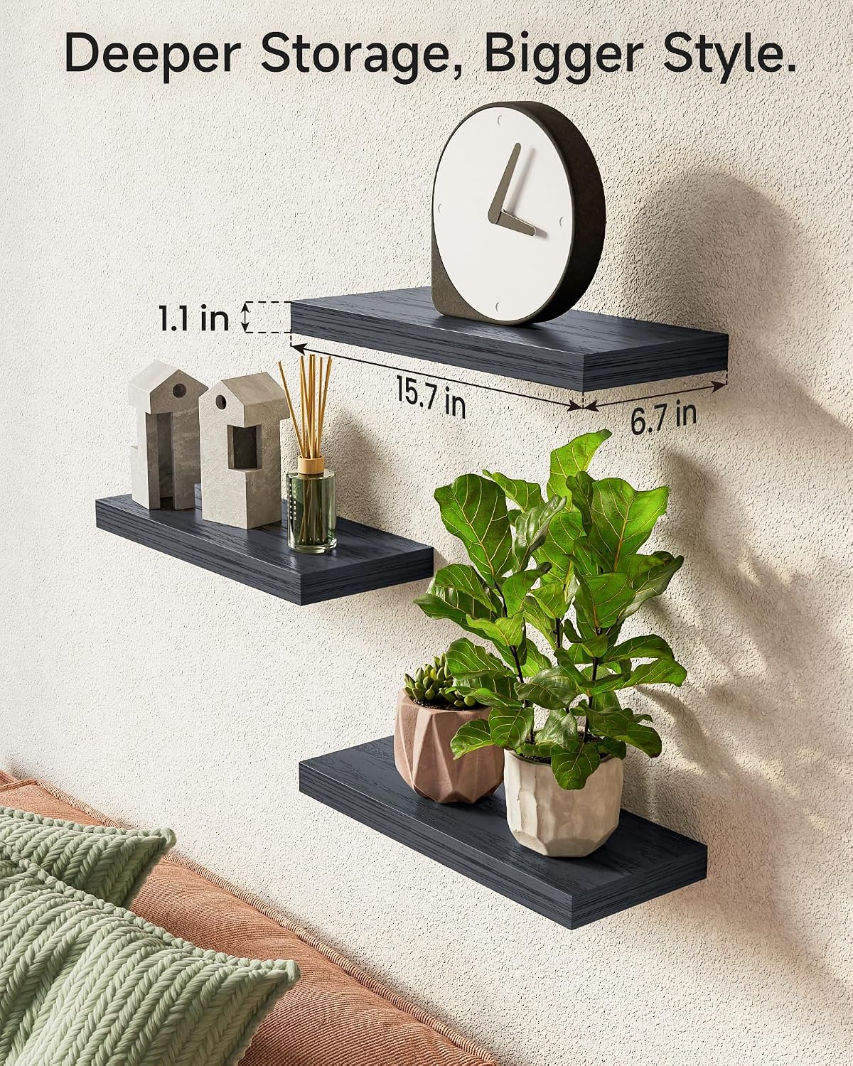 BAYKA Black Floating Shelves 15.7in, Set of 3, Wall Mount Rustic Wood Shelf