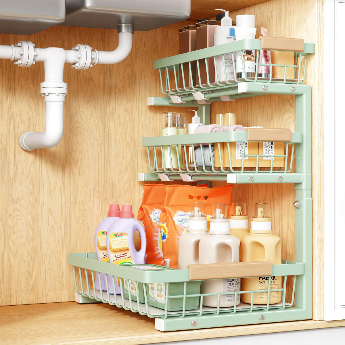 PXRACK Under Sink Organizer, 2-Pack 3-Tier Height Adjustable Thickened Metal Pull out Cabinet Organizer Shelf, Slide out Storage Drawer Rack for Bathroom Kitchen Pantry Home Organization, White