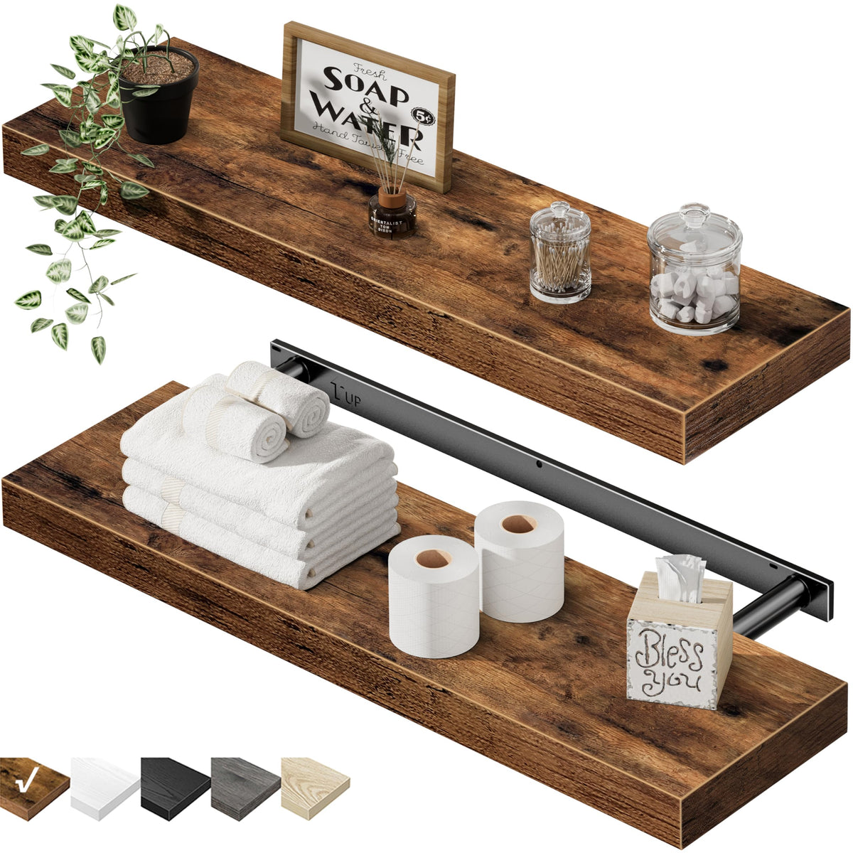 QEEIG Bathroom Floating Shelves for Wall (Brown, Set of 2, 15.7")