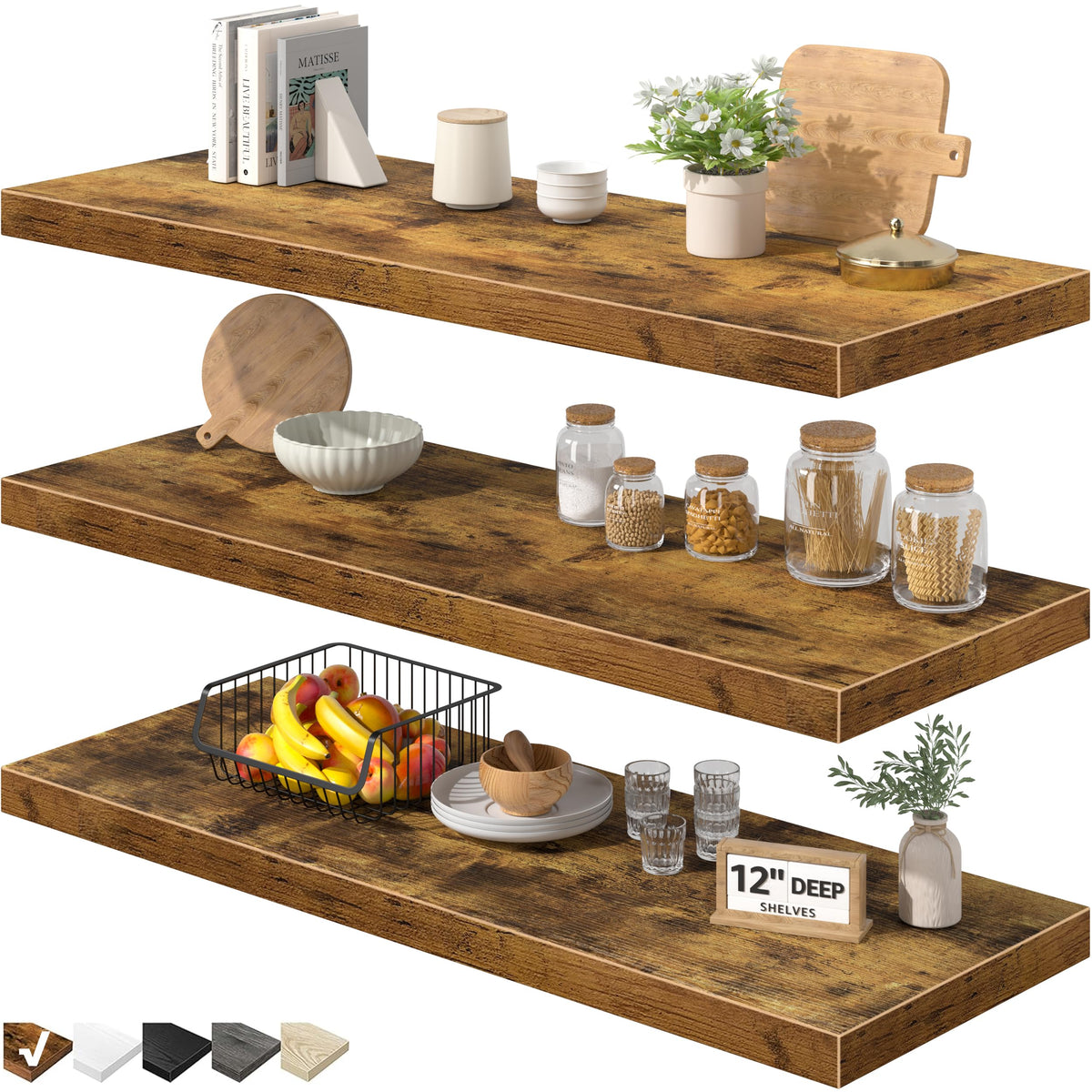 QEEIG Floating Shelves for Wall Small Shelf (Brown, Set of 3, 15.7" x 6.7")