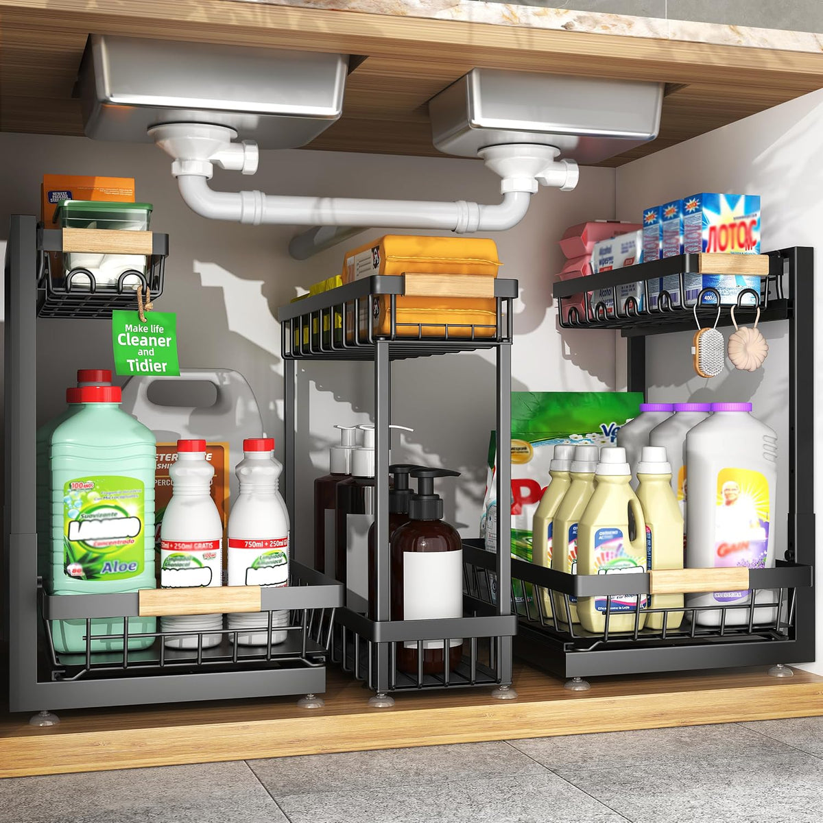 Sevenblue 3-Pack 2-Tier Height Adjustable Under Sink Organizer, Black