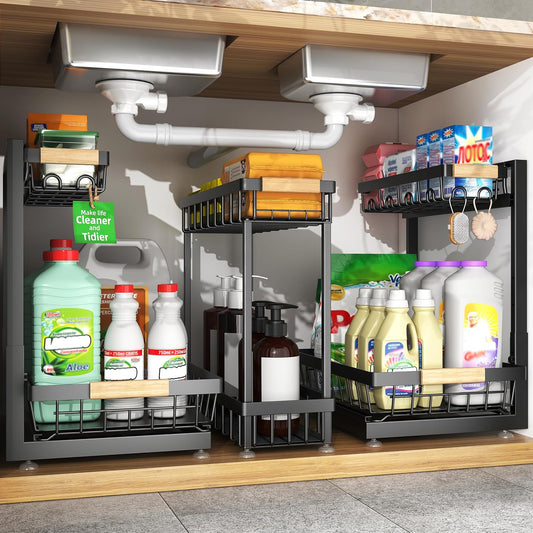 Sevenblue 3-Pack 2-Tier Height Adjustable Under Sink Organizer, Black