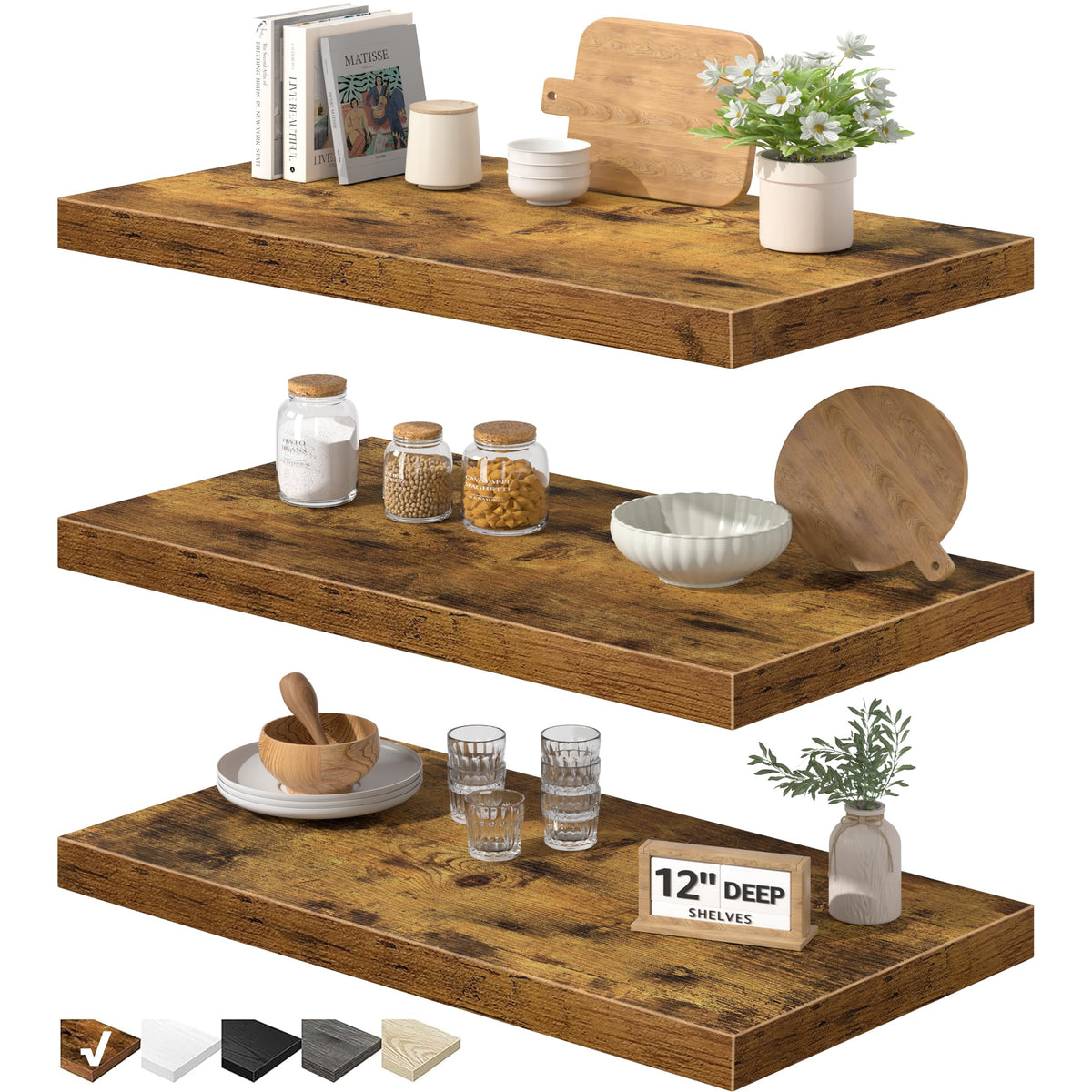 QEEIG Floating Shelves for Wall Small Shelf (Brown, Set of 3, 15.7" x 6.7")