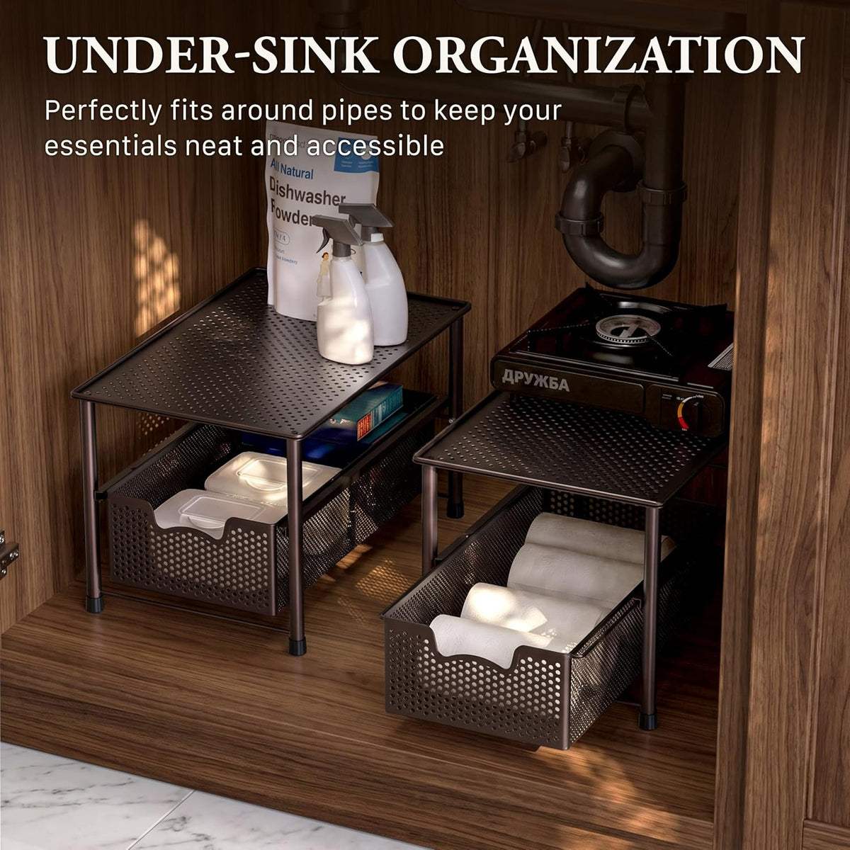 Simple Houseware Stackable Under Sink Sliding Basket Drawer, Brown