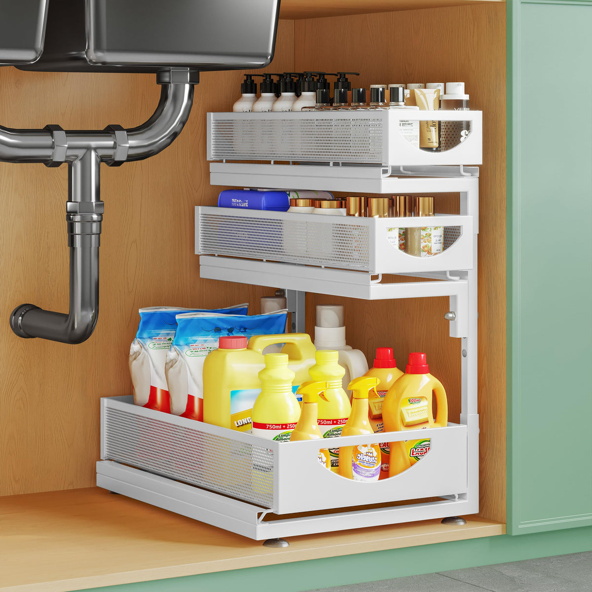 Under Sink Organizer, 2-Pack 3-Tier Pull Out Cabinet Organizers and Storage